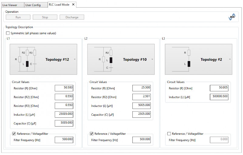RLC Load Mode GUI with Adjustable Values per Phase